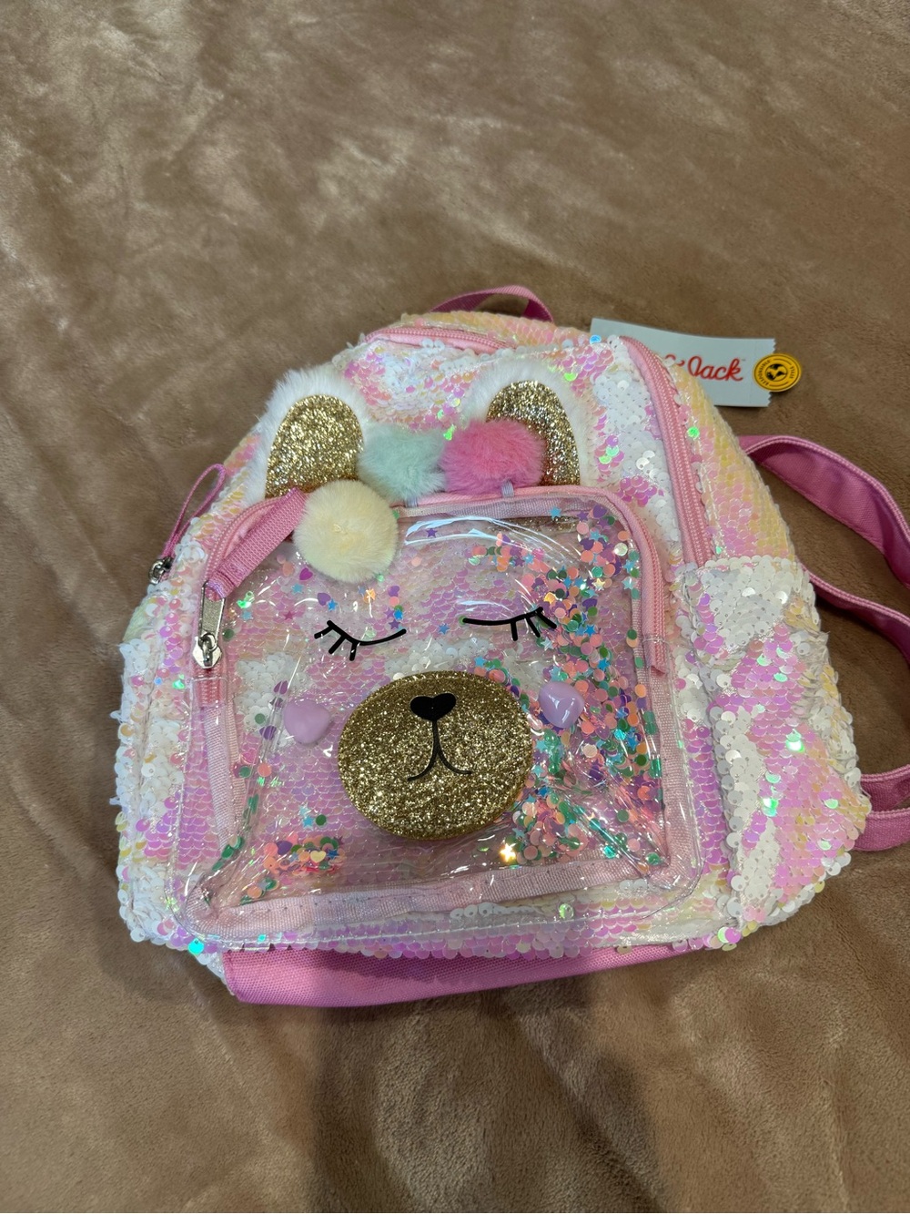 Kids Pink Sequin Bear Backpack with Glitter Details